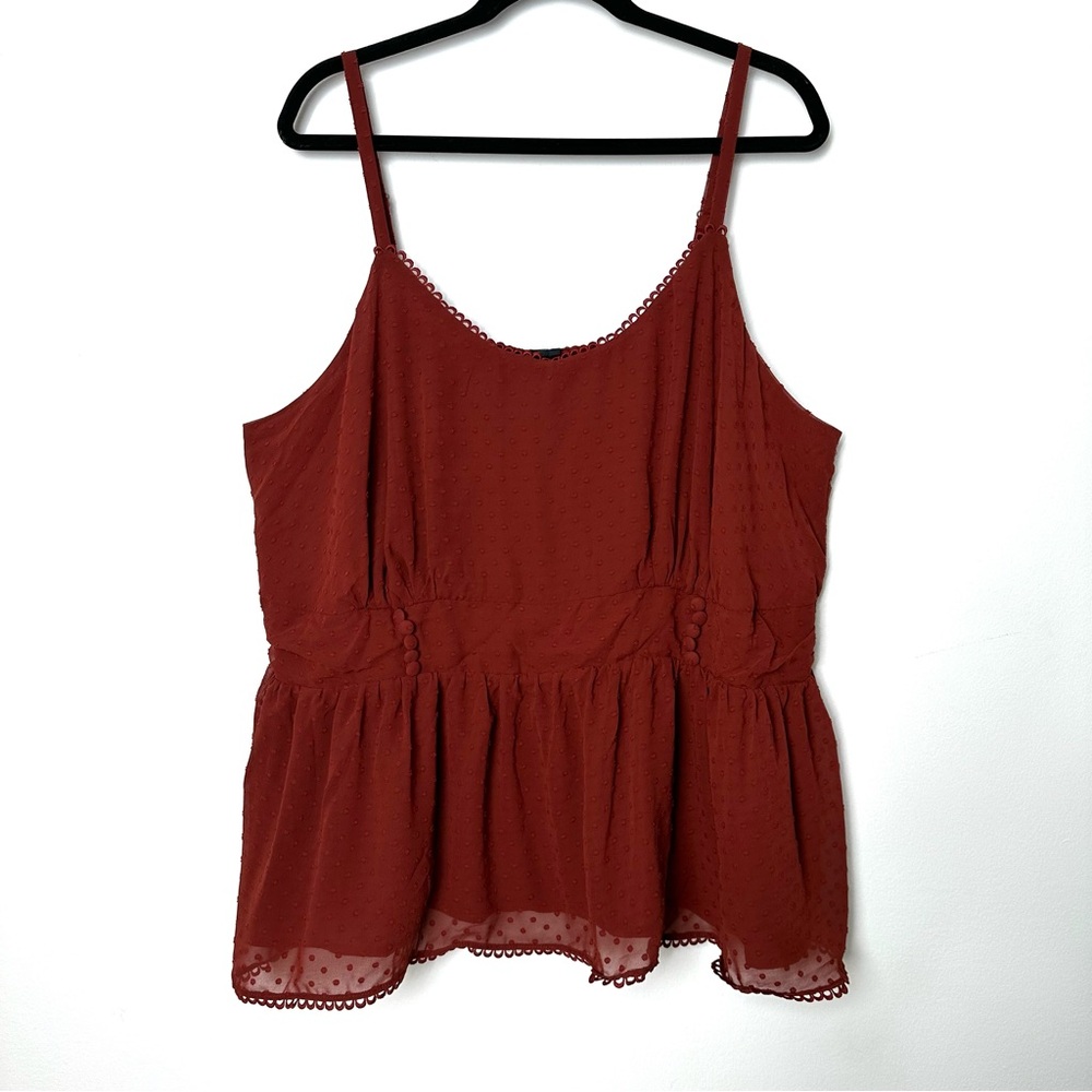 Torrid Georgette Rust Polka Dot Lace Trim Peplum Babydoll Shirred Waist Cami